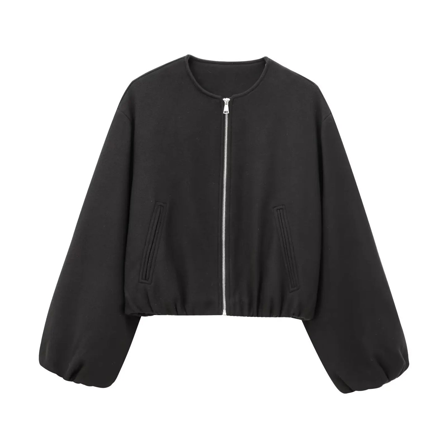 Ladies Fashion Autumn Winter Jacket Women Retro Round Neck Long Sleeve Elastic Hem Zipper Soft Bomber Jacket Women Coat Female
