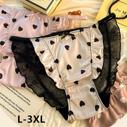 Sexy lingerie women Satin tangas lace ropa interior femenina sweet calzones para mujer plus size panties heart underwear women