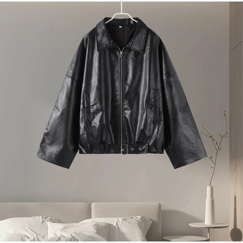 Street Stand Collar Women's Leather Jacket Loose Long Sleeve Zipper Pockets Chic Female Coats 2025 Autumn Winter Lady Outerwear