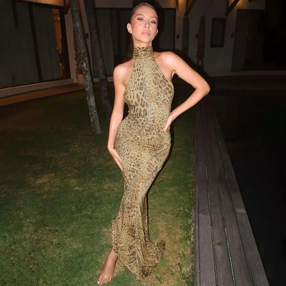 Cryptographic Fashion Halter Leopard Sexy Backless Maxi Dress Women Club Outfits Bandage Embellished Long Dresses Robe Clothes