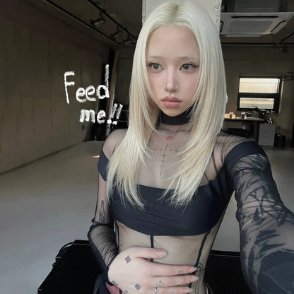 See Through Mesh Splicing Sexy Bodysuit Lingerie One-pieces Y2k Clothes Long Sleeve Body Feminino Hot Tops For Women Rave Outfit