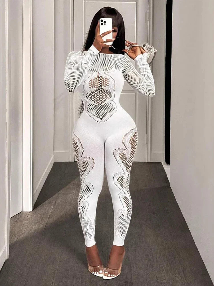 FHSEER Women's Sexy Jumpsuit Sheer Mesh Long Sleeve Hollow Out Bodycon High-Waist Stretchy Club Party Date Night Out Outfit