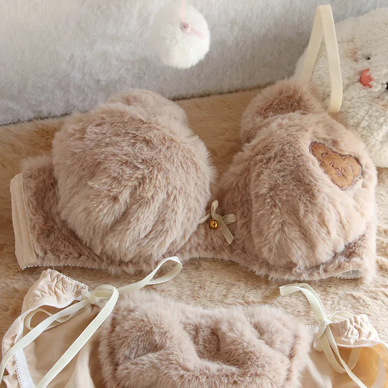 Cute Bear Underwear Winter Plush Cartoon Comfortable Bra & Brief Sets Women's Intimates Thermal Bra Gathers Sleepwear Lingerie