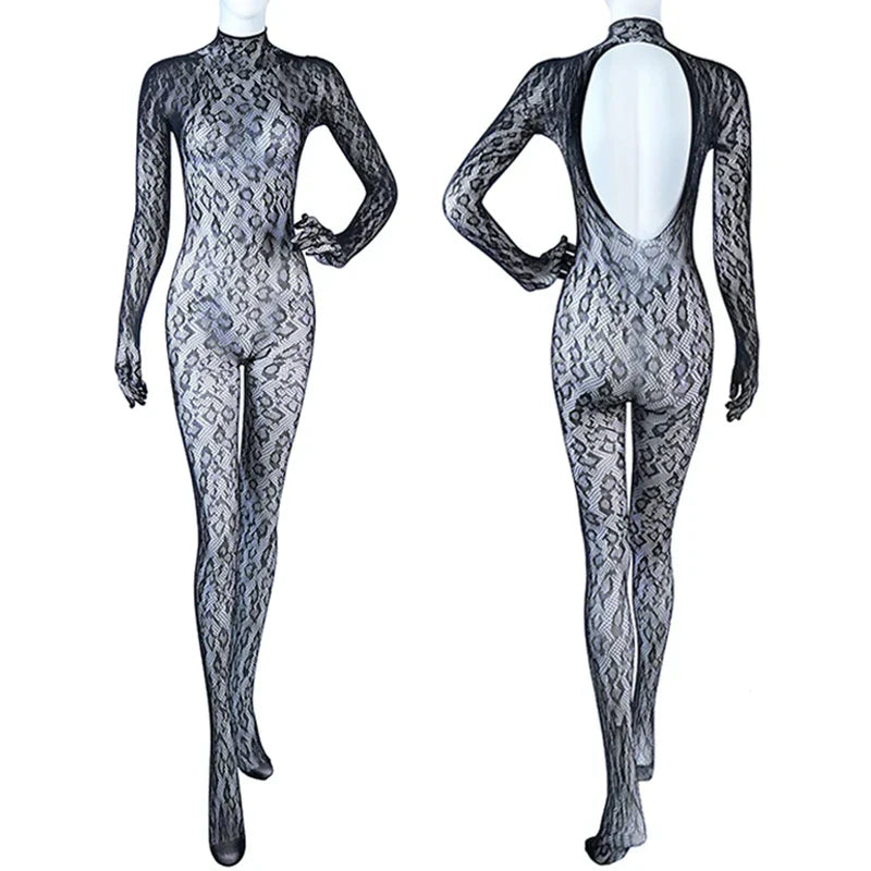 Open Crotch Lingerie Women Sexy Backless Cutout Body Bra Set Mesh Transparent Baby Doll Bodystocking Leopard Print Underwear Set