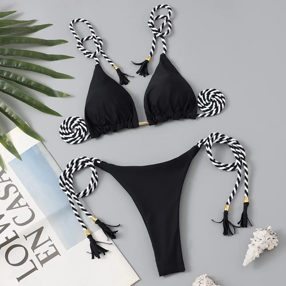 Sexy Swimsuit Women Triangle Bikinis Set Thong Bandage Swimsuits Solid Color bathing suit  Two Piece String Swimear Beach Wear