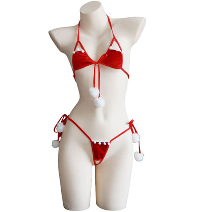 Womens Christmas Lingerie Bodysuit Halter Neck Hollow Out High Cut Velvet Babydoll Teddy Xmas Holiday One Piece Lingerie Leotard