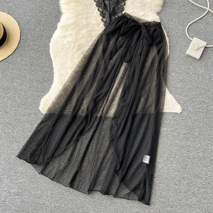 SINGREINY Lace Sensual Erotic Two Pieces Suits Camis Short Bodysuits Tops+Midi Long Mesh Chiffon Skirts Women Underwear Sets
