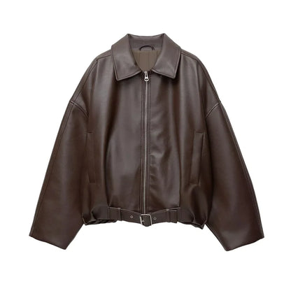 Street Stand Collar Women's Leather Jacket Loose Long Sleeve Zipper Pockets Chic Female Coats 2025 Autumn Winter Lady Outerwear