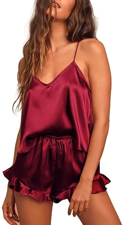 Sexy Silk Satin Pajama Set for Women – V-Neck Cami Top and Ruffled Shorts Bridal Lingerie, Perfect for Nightwear