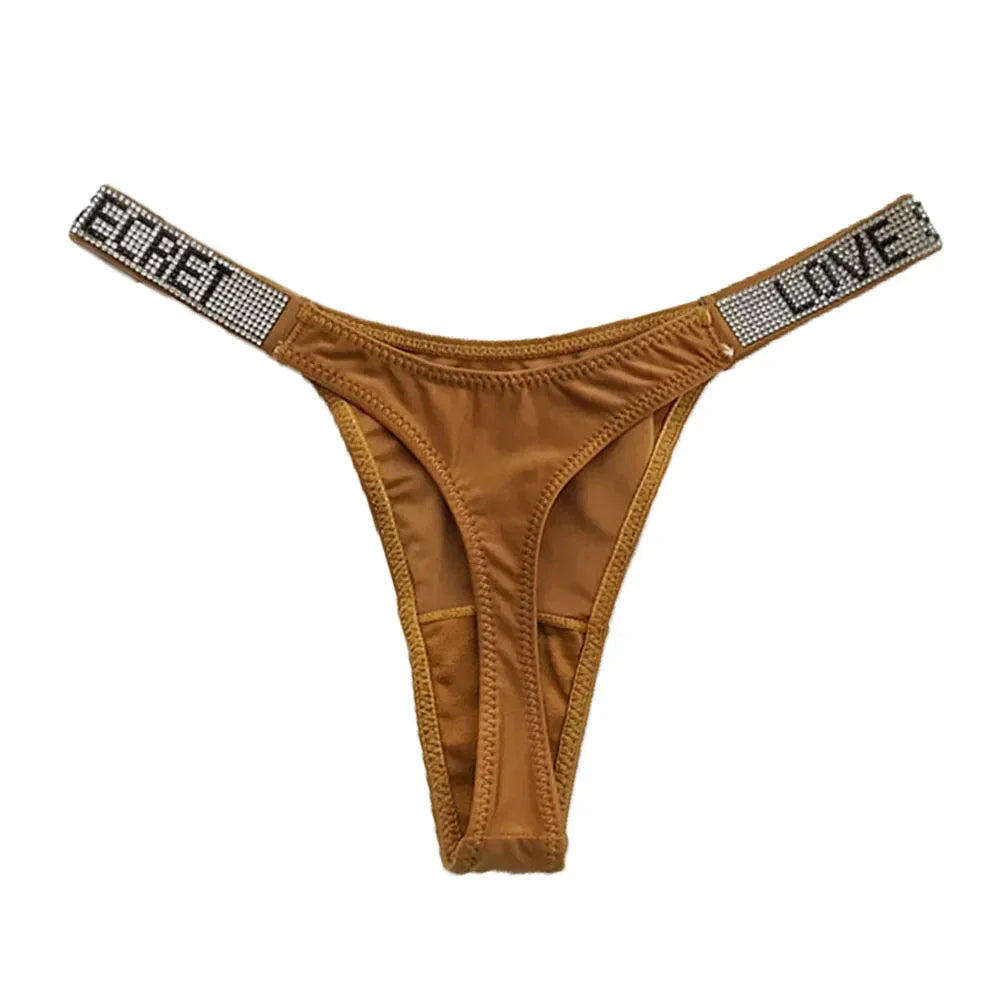 Sexy Triangle Fitness Sports With Letter Low Rise Briefs Sexy T-Back G-string Women Panties Rhinestone Thong