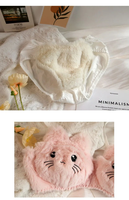 Cute Bear Underwear Winter Plush Cartoon Comfortable Bra & Brief Sets Women's Intimates Thermal Bra Gathers Sleepwear Lingerie