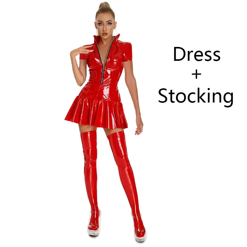 Sexy Glossy Leather Short Sleeves Dress Lady Erotic Shaping Pleated Short Dress Zipper Porn Breast Exposing Latex Mini Dress