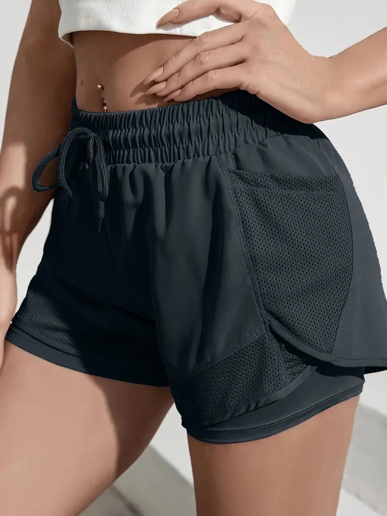 Women's Elastic Sports Shorts, Shorts With Pockets, Fake Two-Piece Yoga Leggings Running And Training