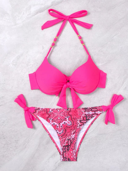 2025 Summer Sexy Print Two-Piece Bikini Women's Halter Swimwear Bandage Backless Swimsuit Tight Push Up Beach Party Bathing Suit