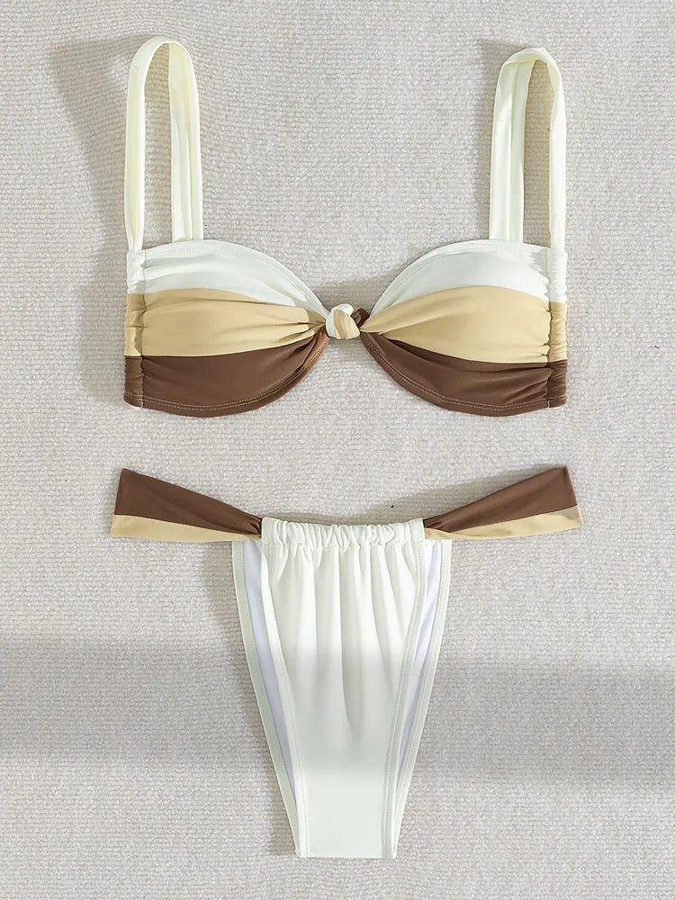 Vigoashely 2025 Sexy Solid Patchwork Bikini Strapped Push Up Swimsuit Women High Cut Thong Swimwear Lady Brazilian Bathing Suit