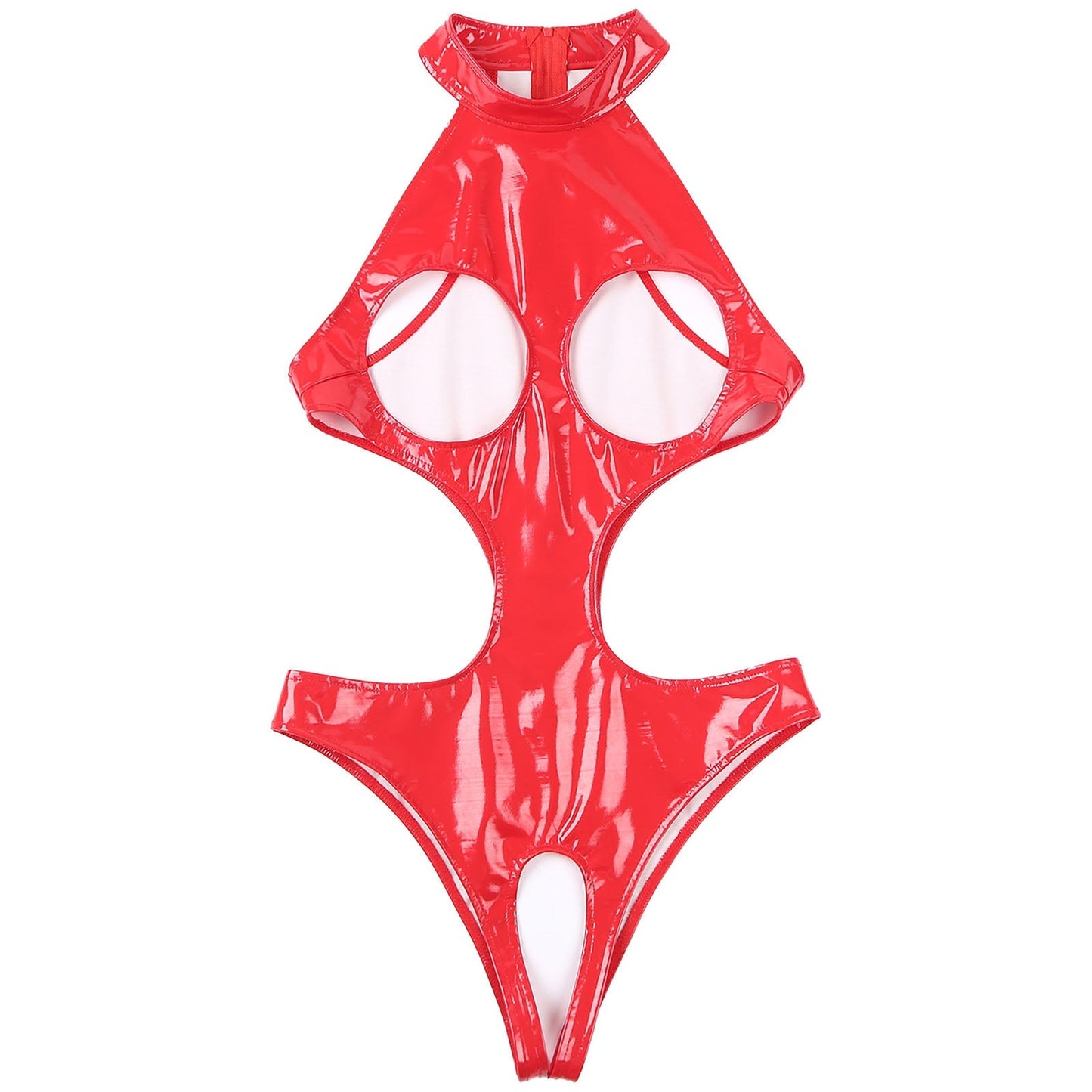 Womens Wet Look Faux Leather Hollow Out Open Breast Leotard Bodysuit Halter Neck Crotchless Jumpsuit Lingerie Teddy Nightwear