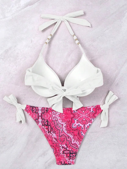 2025 Push Up Halter Bikini Printed Swimsuit Women Sexy Strappy Swimwear Female Bathers Bathing Swimming Swim Suit Beachwear
