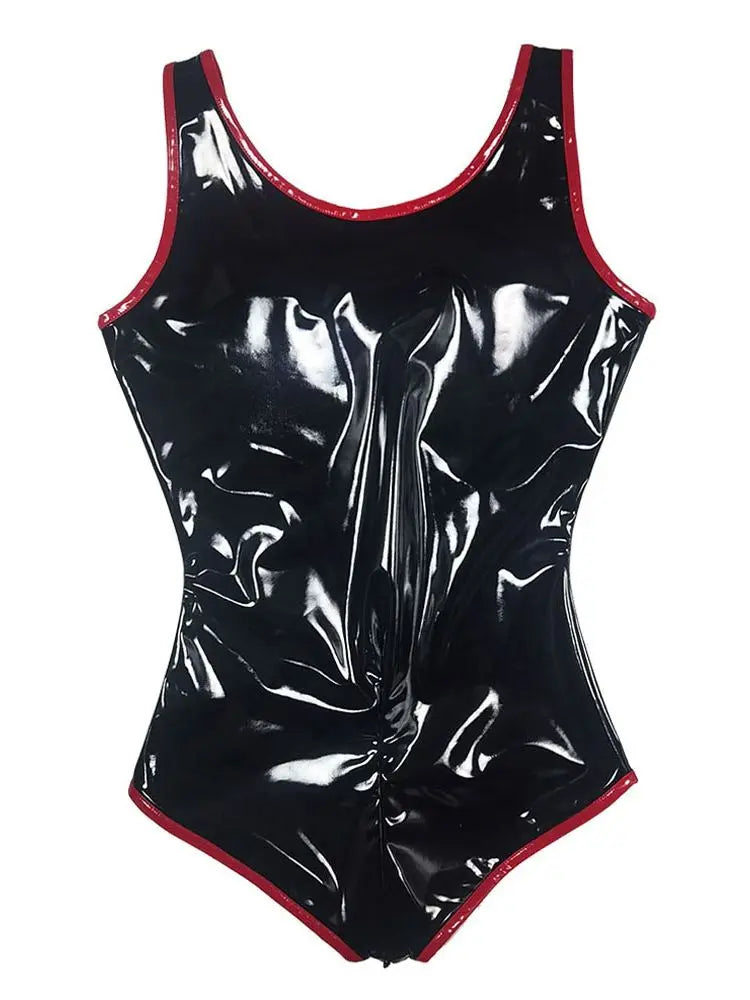 S-5XL Sleeveless Wet Look PVC Catsuit Shiny PU Leather Zipper Open Crotch Bodysuit Hollow Out Swimsuit Tights Sexy Body Teddies