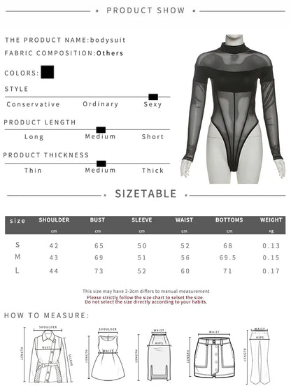 Sisterlinda See Through Sexy Bodysuit Women Coquette Wild Mesh Hipster Patchwork Full Sleeve Midnight Stretch Street Clubwear