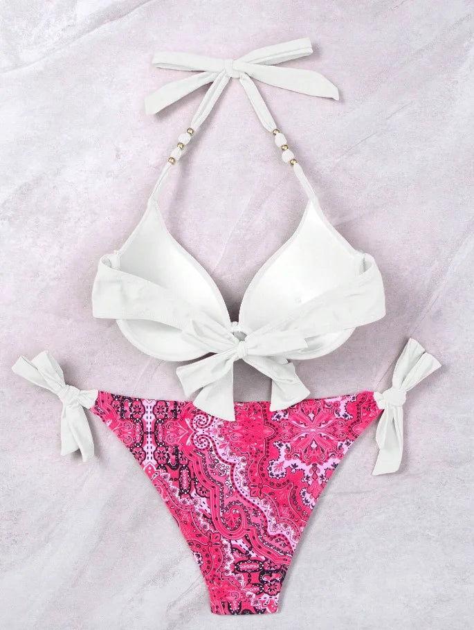 2024 New Print 2-piece Swimsuit for Women,hard Cup Suspender Push Up Bikini Set,summer Beach Vacation Backless Bathing Suit