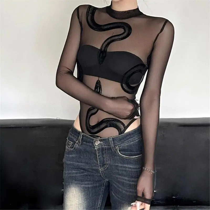 Womens Mesh Long Sleeve Bodysuit Round Neck Sheer Leotards Clothing Snake Bodysuit Top with Snap Crotch Clubwear Gifts