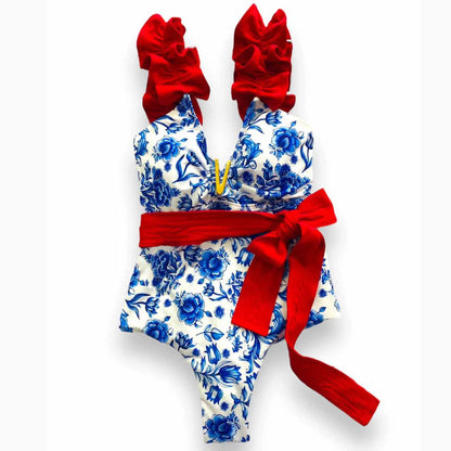 2025 New Sexy V-Neck One Piece Swimsuit Belt Swimwear Women Ruffle Monokini Push Up Swim Suit Colorful Bathing Suit Female Beach