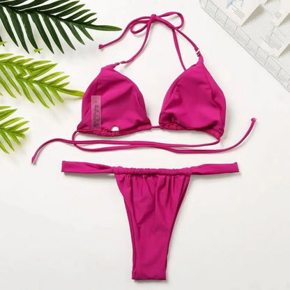 Women Bikini Set Low-cut Pleated Push Up Backless sexy hot girls Bikini Set Lace Up High Waist Halter Neck Bathing Suit Swimwear