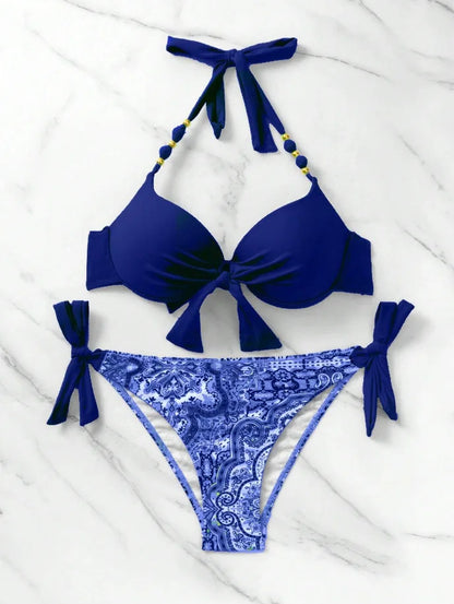 2024 New Print 2-piece Swimsuit for Women,hard Cup Suspender Push Up Bikini Set,summer Beach Vacation Backless Bathing Suit