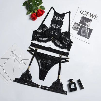 Lady Floral Lace Embroidery Lingerie Sets Women See-through Bra and Panty Set Underwear Sexy Hot Intimates Erotic Sexy Porn Suit