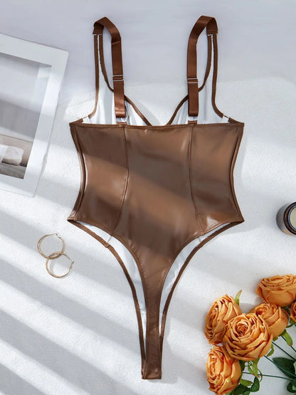 Women's Faux Leather Lingerie Bodysuit Sleeveless V Neck High Cut Bodysuit Shapewear Sexy Ladies Exotic Teddies
