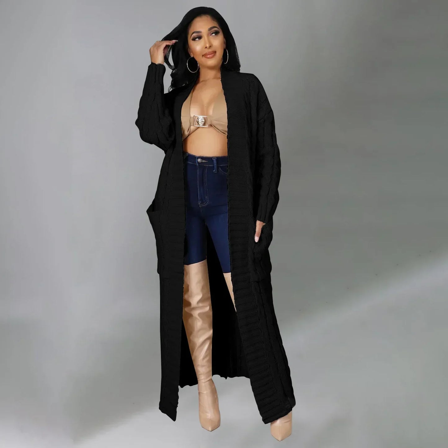 2024 New Women's Fashionable Cardigan Sweater Casual Long Sleeve Solid Color Jacket Autumn/Winter Amazon Europe Style