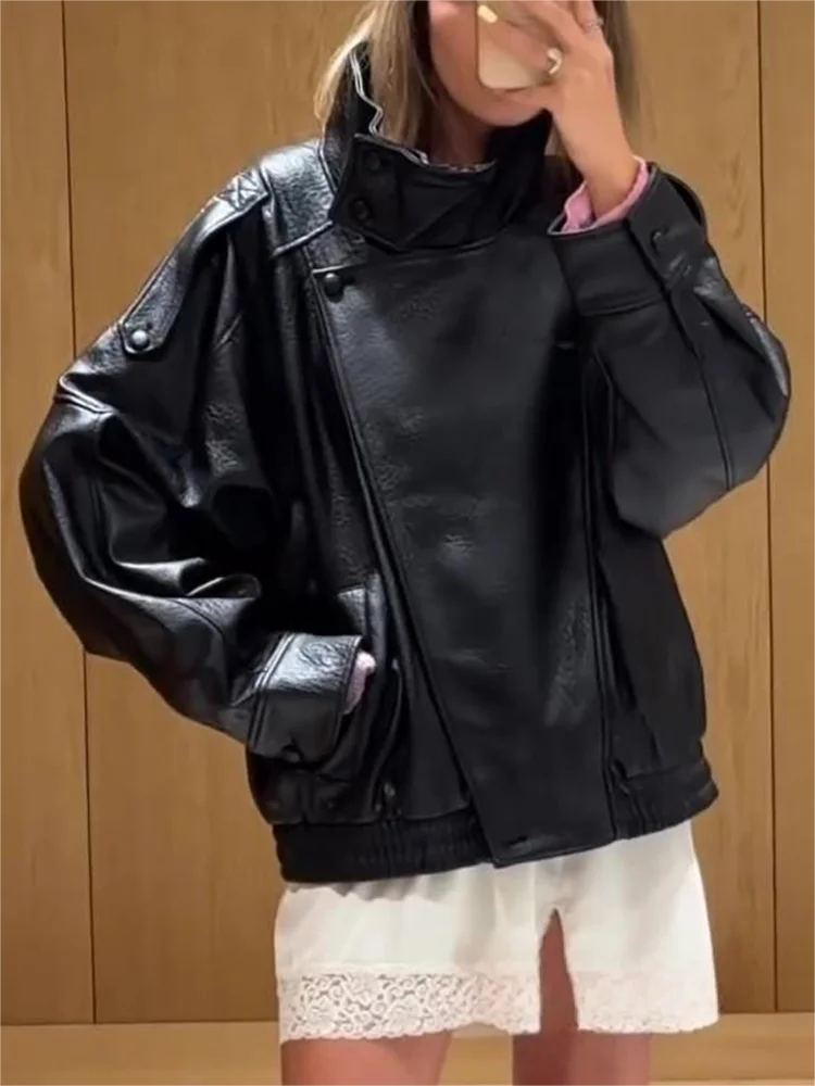 KONDALA Casual Chic Black Leather Jackets Women Long Sleeve Buttons Elastic Oversized Coats Fashion 2025 Fall Streetwear Coats