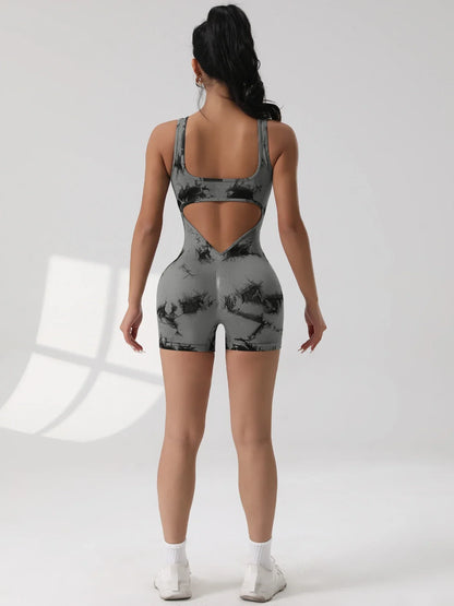 1PCS Backless Yoga Suit U Neck Sleeveless Sports Jumpsuit Solid Colour Threaded Stretch Women Bodysuit Without Bust Pads