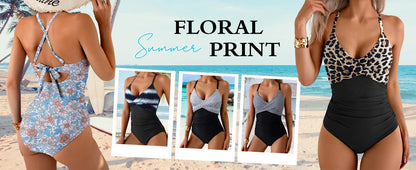 B2prity Women's One Piece Swimsuits Tummy Control Front Cross Bathing Suits Tie Back Slimming V Neck Swimwear