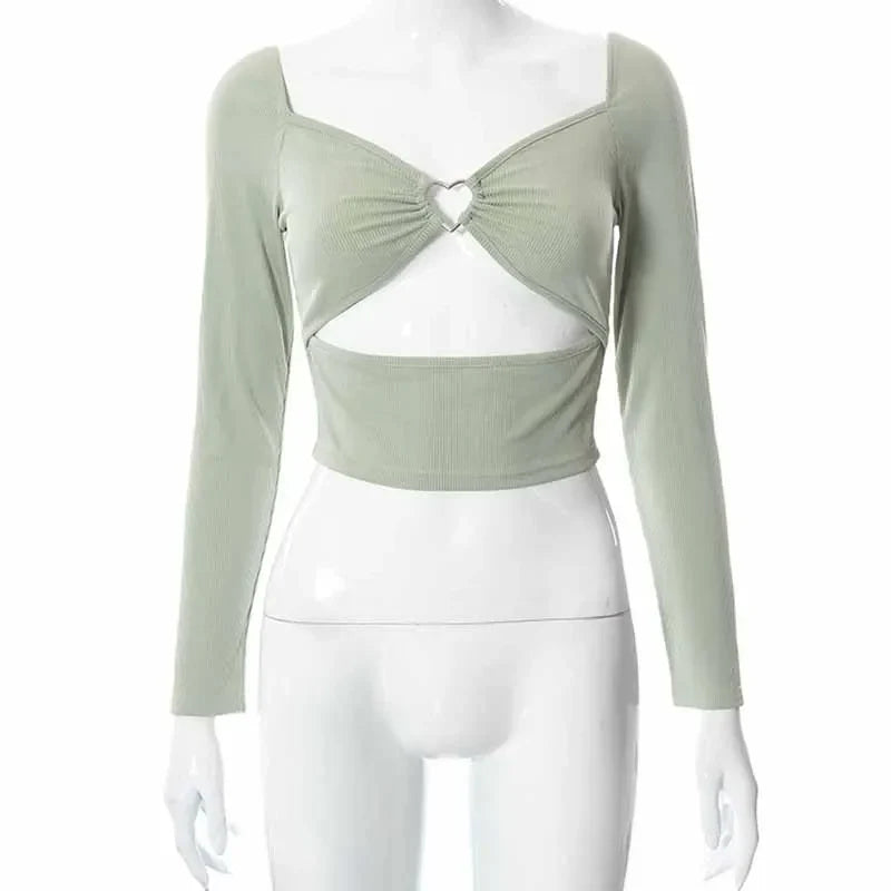 Hollow-Out V-neck Long Sleeve Crop Tops Spring Fall Casual Fashion Women Square Collar Slim Ribbed T-Shirts Backless Tee