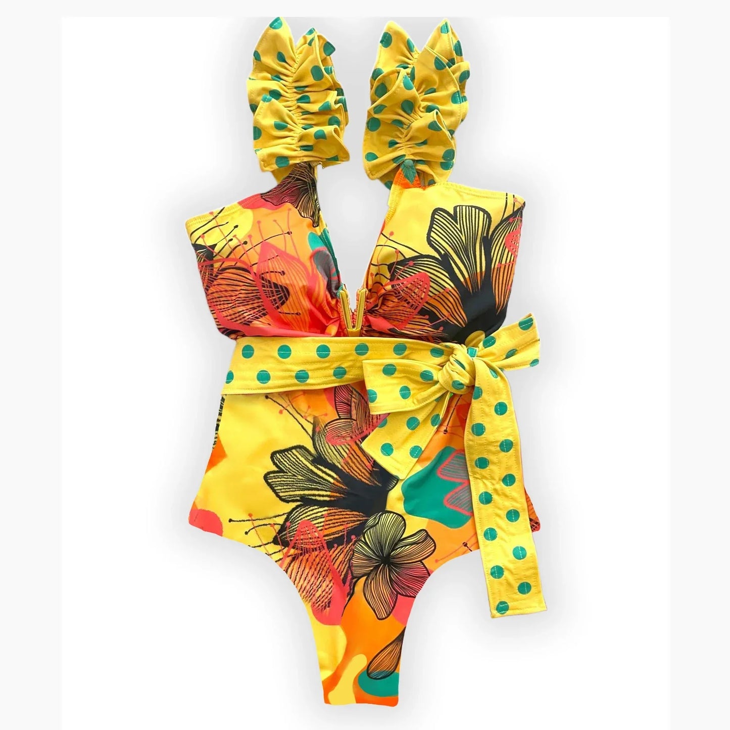 2025 New Sexy V-Neck One Piece Swimsuit Belt Swimwear Women Ruffle Monokini Push Up Swim Suit Colorful Bathing Suit Female Beach