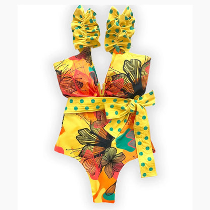 2025 New Sexy V-Neck One Piece Swimsuit Belt Swimwear Women Ruffle Monokini Push Up Swim Suit Colorful Bathing Suit Female Beach