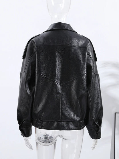 Street Stand Collar Women's Leather Jacket Loose Long Sleeve Zipper Pockets Chic Female Coats 2025 Autumn Winter Lady Outerwear
