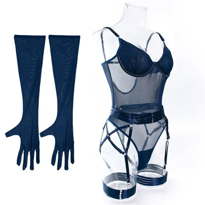 Bodysuit Sexy One-piece With Gloves Garters Mesh Women Rompers Clothing Body Suits Lace Jumpsuit Sweet Korean Women EV5W