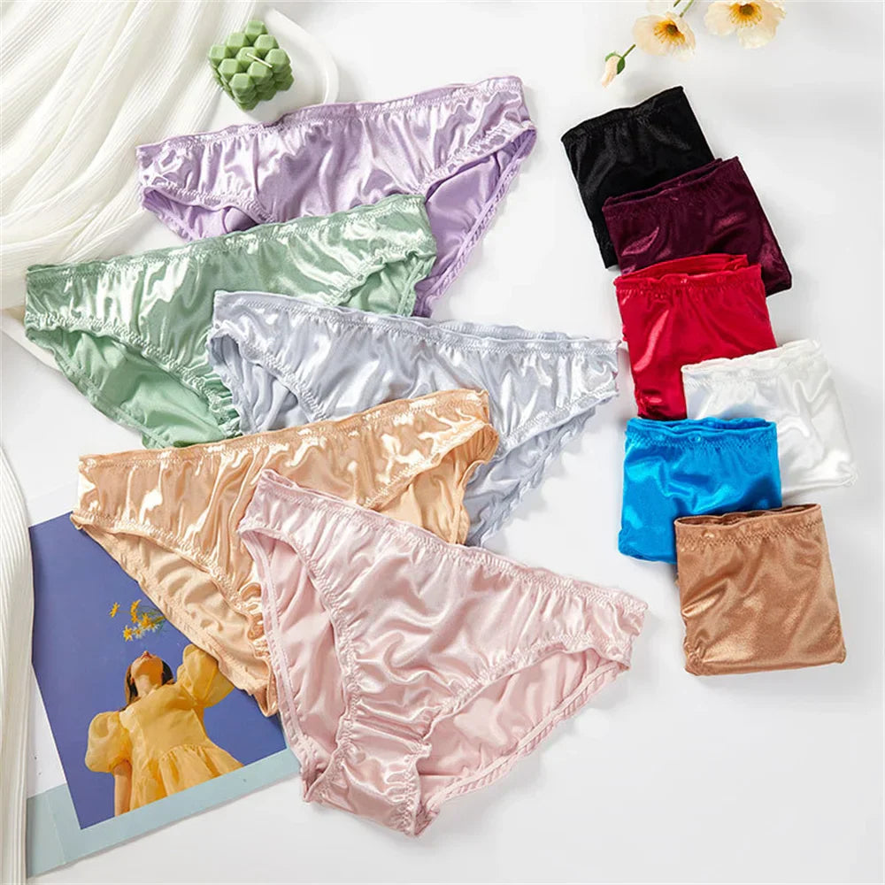 Ladies Frill Trim Satin Ice Silk Seamless No Show Underwear Invisible Briefs Plus Size Women's Panties S/M/L/XL
