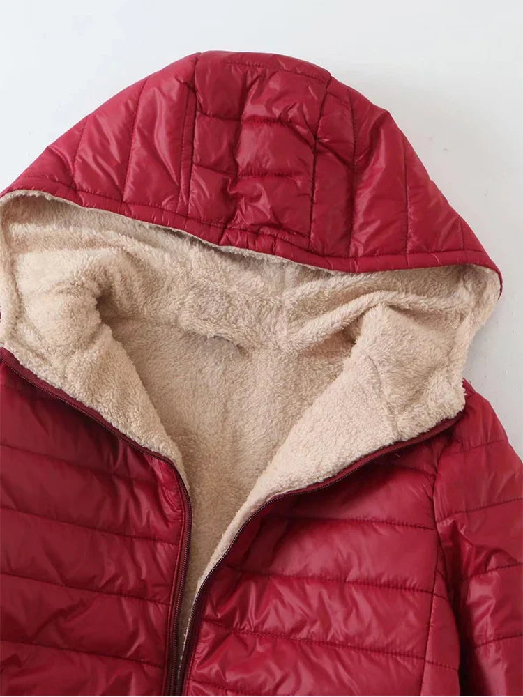 New Mid Length Korean Edition Hooded Fit Women Jackets Autumn Winter Mid-length Office Cotton Coats Warm Lamb Fleece Parkas