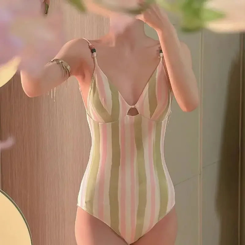 OIINAA Swimming Suit for Women Striped Contrast Color Bodysuit Halter Beading Sexy Bathing Suit Summer 2025 New Korean Beachwear