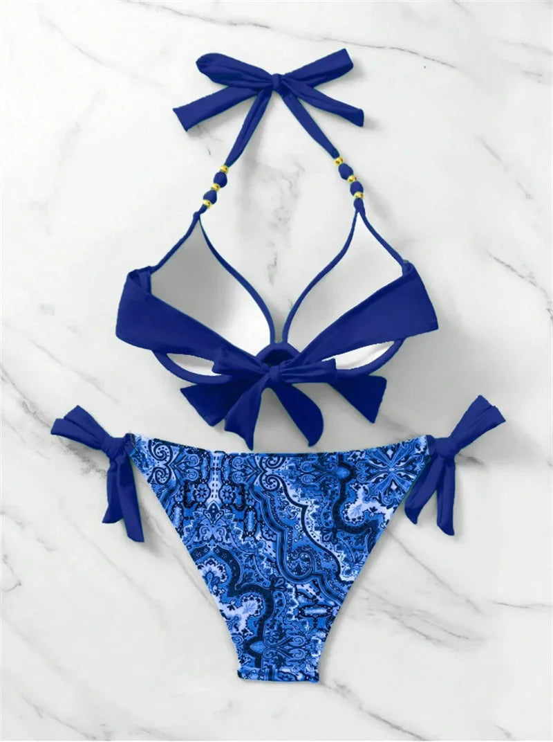 Summer Bikini New Underwired Bra Push Up Swimsuit Women Chest Knot Bow Bathing Suit Outfits Ties Swimwear Women Swimming Suit XL