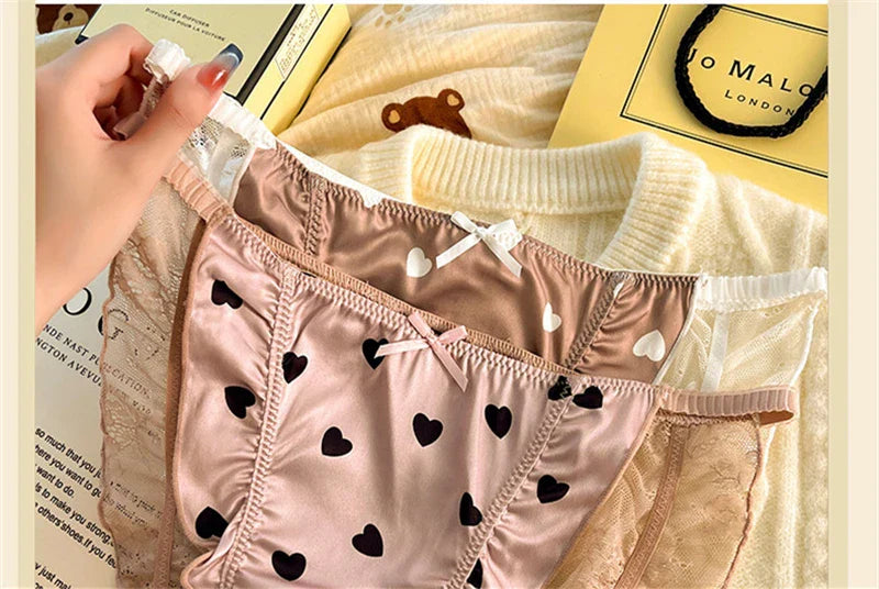 Sexy lingerie women Satin tangas lace ropa interior femenina sweet calzones para mujer plus size panties heart underwear women