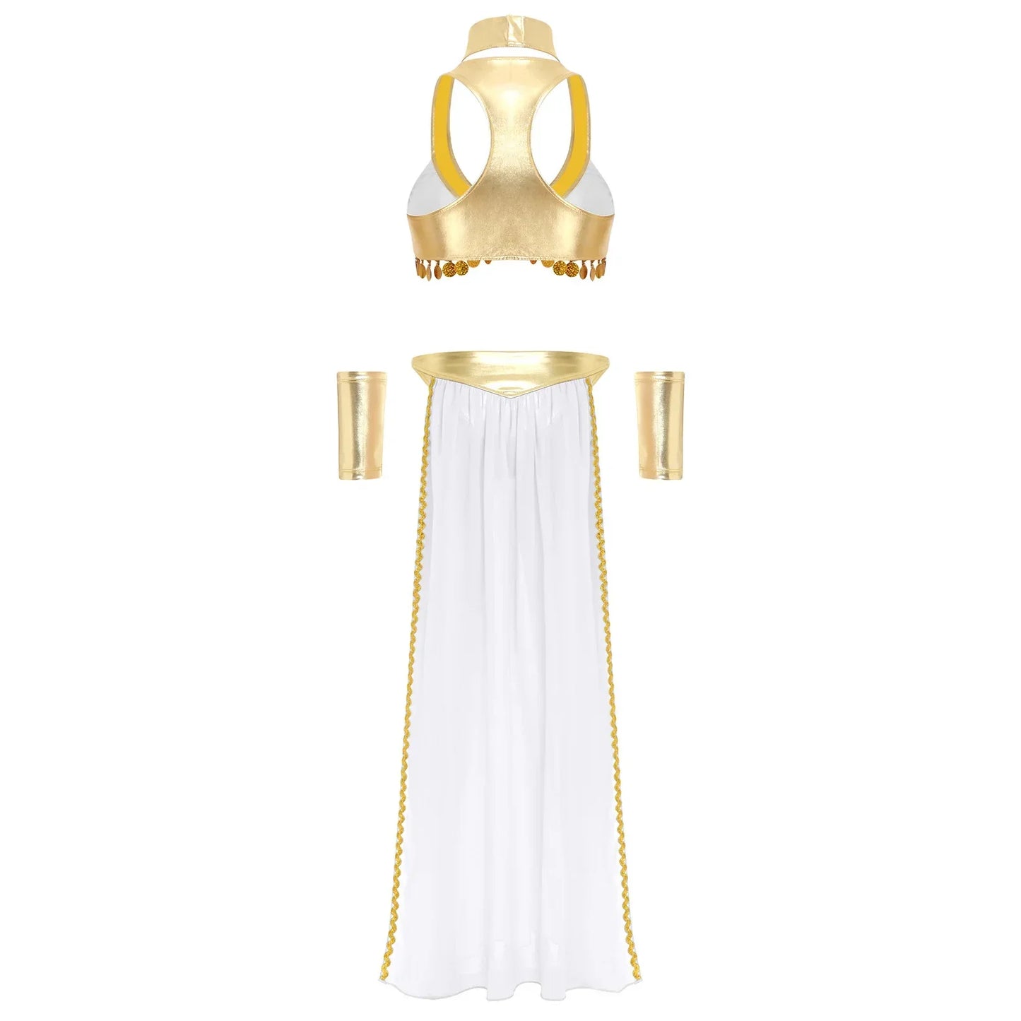 Women Halloween Cleopatra Ancient Egyptian Queen Sun Goddesses Cosplay Costume Crop Top with Skirt Choker Cuffs Belly Dance Set