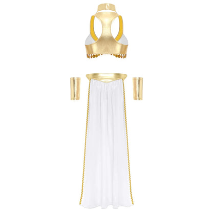 Women Halloween Cleopatra Ancient Egyptian Queen Sun Goddesses Cosplay Costume Crop Top with Skirt Choker Cuffs Belly Dance Set