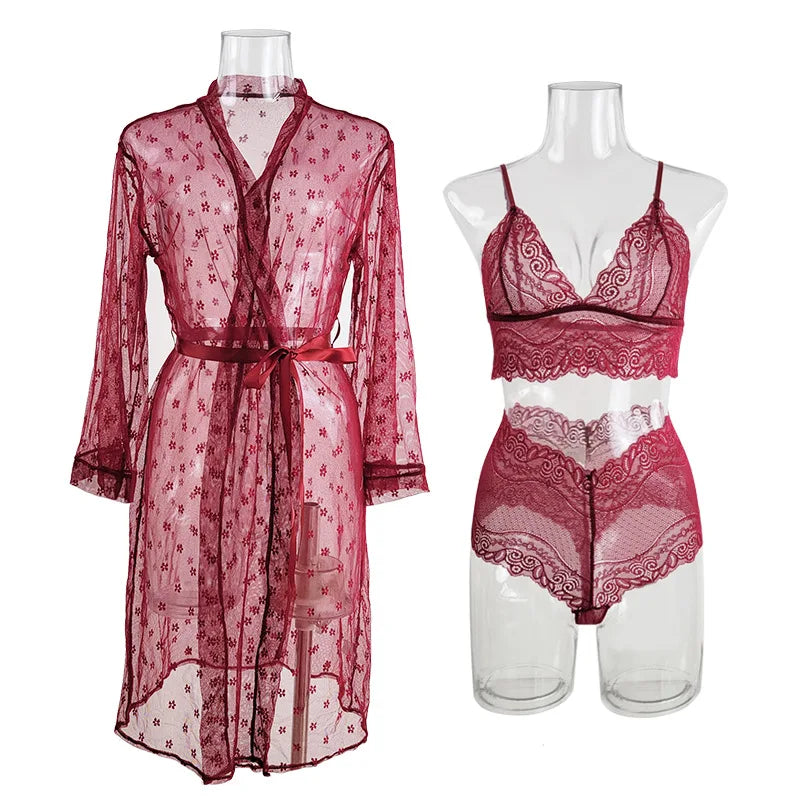 Women's Sexy Sheer Lace Robe+Lace Bra+Panty Lingerie Set See Through Kimono Lingerie Dress Lace Gown Sleepwear