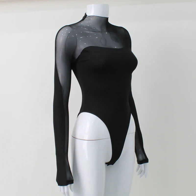 2025 Patchwork See Through Mesh Bodysuit Women's Sexy Long Sleeve Turtleneck Jumpsuit Chic Elegant High Waist Tops Bodysuits