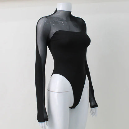 2025 Patchwork See Through Mesh Bodysuit Women's Sexy Long Sleeve Turtleneck Jumpsuit Chic Elegant High Waist Tops Bodysuits