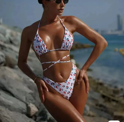 Women Halter Bikini Leopard/Cherry Print Summer Swimsuit Beach Vacation Mid Waisted Brazilian Swimwear 2025 New Bathing Suit